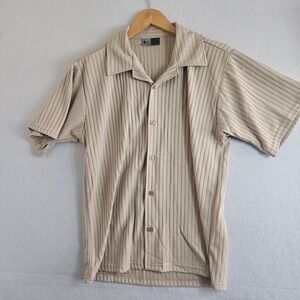 Ranchero Mens Tan Ribbed Knit Short Sleeve Button Down Camp Shirt Made in USA